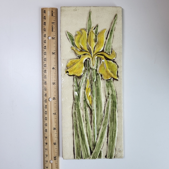 10×4 In, Relief Carved Ceramic Tile, Iris by Shannon Gresham 1997 Earth Song - Picture 8 of 9